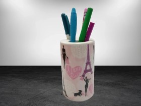 Resim 2 Adet Kalemlik Kızlı Paris Desenli Seramik Ofis Gereci 7x7x11cm Çok Renkli 