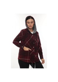 Resim Lady Majestic Büyük Beden Rahat Kalıp Kapüşonlu Oduncu Kadın Gömlek Hırka Bordo 