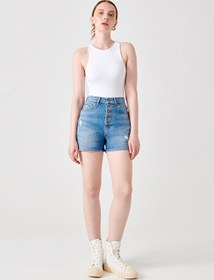 Resim Denim Trip Yüksek Bel Standart İndigo Kadın Denim Şort DTK336 Straight Fit Yüksek Bel Orta 