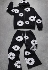 Resim classy moda Unisex Desenli Eşofman Takımı - Fermuarlı Kapüşonlu Üst ve Rahat Kesim Alt Streetwear Kombin 