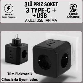 Resim 3 Prizli 2 USB + 1 Type-C Çocuk Termal Kısa Devre Akım Korumalı Topraklı Golyat Grup Şarj Fiş Priz 