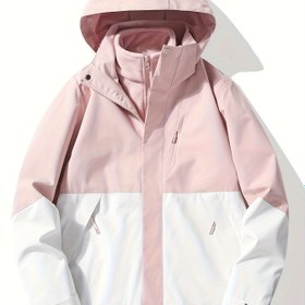 Resim Kadınlar için 3'ü 1 arada Dış Mekan Kışlık Ceket, Çıkarılabilir Astar, Rüzgar Geçirmez, Çapraz Renk Tasarımı ile Cep, Fermuarlı Kapüşonlu Mont, Günlük Giyim için Rüzgarlık Ceket | Kapüşonlu Ceket | Esnek Olmayan Kumaş 