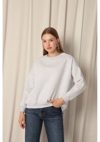 Resim Üç İplik Sıfır Yaka Çimalı Kadın Gri Sweat Çok Renkli 