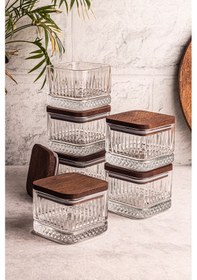 Resim Snippy Bella Kare 6'lı Ahşap Vakumlu Kare Kapaklı Cam Kahvaltılık Ahşap - Şeffaf 