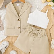 Resim Küçük Kızlar 3 Adet Kıyafet Seti - Bej Blazer, Kolsuz Düğme Yelek ve Ruffle Bow Etek Şort, Polyester, Makine Yıkanabilir - Bahar/Yaz Rahat Giyim İçin Mükemmel, Gençler İçin Dış Giyim, Dış Mekanlar İçin 