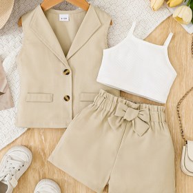 Resim Küçük Kızlar 3 Adet Kıyafet Seti - Bej Blazer, Kolsuz Düğme Yelek ve Ruffle Bow Etek Şort, Polyester, Makine Yıkanabilir - Bahar/Yaz Rahat Giyim İçin Mükemmel, Gençler İçin Dış Giyim, Dış Mekanlar İçin 