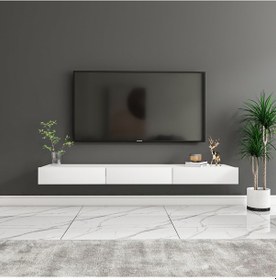 Resim Avalon 3 Kapaklı Duvara Monte Tv Sehpası 140 Cm, Modern Minimal Tasarım, Tv Ünitesi - Beyaz Beyaz 