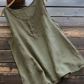 Resim Kadınlar için Zeytin Yeşili Kolsuz Düğmeli Tank Top - Retro Günlük Yuvarlak Yaka Gömlek, İlkbahar Yaz Sonbahar İçin Hafif Nefes Alabilir Kumaş, Makinede Yıkanabilir, Mevsimlik Moda, Basit Düz Tasarım, Pürüzsüz Dokulu 
