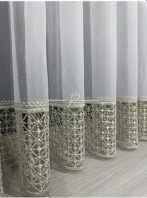 Resim Tül Perde Etek Aplike Eritme Ruteb Desen Gold İşleme Ekru 