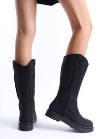 Resim Bak Store Siyah Mat Siyah Nakışlı Fermuarlı Western Kovboy Kadın Çizme Dikişli Tabanlı 