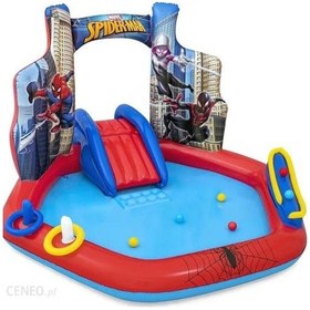 Resim 62002 Pompalı-bestway 98793 Spiderman Temalı Kaydıraklı Fıskiyeli Aquapark Şişme Eğlence Havuzu, 211x206x127cm Mavi 
