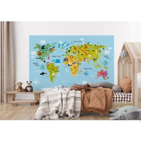 Resim Çocuk Ve Bebek Odası Poster Duvar Kağıdı Hayvanlar Alemi Eğitici Dünya Haritası-1007 