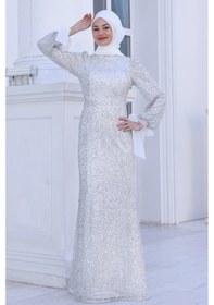 Resim Raika Moda Parıltılı Kol Detaylı Şimal Tesettür Büyük Abiye Beyaz 