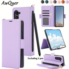 Resim AWQUER PU Deri for Samsung Galaxy Z Fold 6 5 4 3 5G Kılıf, S Pen Yuvası ve Kickstand Kartlık Cüzdanlı Erkek ve Kadın Telefon Çantası Bilek Kayışlı Kapak 