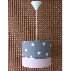 Resim Onay Avize Gri Yıldızlı Pembe 2.li Set M-579 Kumaş Kaplama Genç ve Çocuk Odası Avize ve Abajur Takımı 