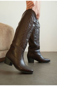 Resim MODAADAM Kadın Umke Kovboy Çizme - Kahve-Deri 