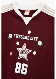 Resim Koton Kız Bebek Şardonlu Pamuklu Uzun Kollu Renk Kontrastlı V Yaka Baskılı Sweatshirt Bordo 