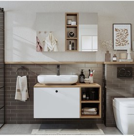 Resim Lavabolu Mdf 95 Cm Lotus Oval Lavabolu Dolap Atlantik Çam Beyaz Atlantik Çam - Beyaz 