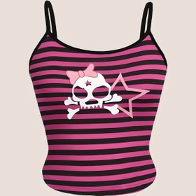 Resim Y2K Esintili Çizgili Kafatası Baskılı Kısa Cami Üst - Kolsuz, Esnek Polyester Karışımı, Makinede Yıkanabilir - Kadın Modası 