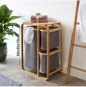 Resim Kirli Çamaşır Sepeti Ahşap - Bambu 3 Organizer Bölmeli Kumaş Çantalı 50x30x70cm 5399 Çok Renkli 