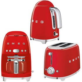 Resim Smeg 50's Style KLF03RDEU Kırmızı Kettle TSF01RDEU 1x2 Ekmek Kızartma Makinesi ve DCF02RDEU Filtre Kahve Makine Seti 