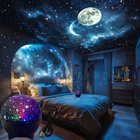 Resim 1 Adet USB Siyah Yıldız Ay Gökyüzü Projeksiyonu Mood Işığı / Oda Dekorasyon Projektör Lambası / Yanıp Sönme Dinamik Uzay Atmosferi Gece Lambası - Yatak Odası, Oturma Odası, KTV, Ofis & Bar için LED Ortam Aydınlatması - Harika Hediye Fikri 