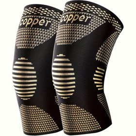 Resim 2 adet Bakır İyon Diz Sıkıştırma Kolluğu - Siyah ve Altın, Esnek Polyester, Klipssiz Tasarım, Spor Salonu, Basketbol, Futbol, Voleybol için İdeal, Spor Destek Ekipmanı|Atletik Diz Desteği|Esnek Kumaş 