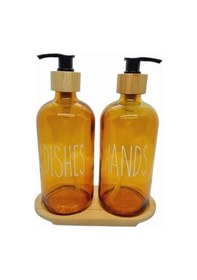 Resim 500ml Amber Cam Sıvı Sabunluk Seti, Bulaşık Ve El Sabunu İçin, Bambu Tepsili Siyah 