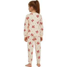 Resim Zuzunga Ekru Renk Kırmızı Fiyonk Baskılı Kız Çocuk Pijama Takımı 