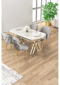 Resim Canisa Zae Serisi 90x168 Lak Panel Beyaz Mermer Desen Gold Ayak Masa Takımı 4 Gri Sandalye Beyaz Mermer Desen Masa,gri Sandalye 
