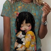 Resim Kadınlar İçin Retro Fransız Tarzı Tişört - Vintage & Kedi Mozaik Baskı Yuvarlak Yaka Üst, Canlı Turkuaz ve Çok Renkli Günlük Gömlek, Makinede Yıkanabilir Hediye, Bayan T-Shirtleri, Her Mevsim Giyilebilir Sanatçı Baskılı 