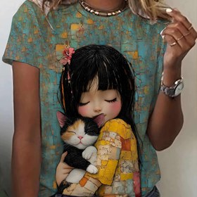 Resim Kadınlar İçin Retro Fransız Tarzı Tişört - Vintage & Kedi Mozaik Baskı Yuvarlak Yaka Üst, Canlı Turkuaz ve Çok Renkli Günlük Gömlek, Makinede Yıkanabilir Hediye, Bayan T-Shirtleri, Her Mevsim Giyilebilir Sanatçı Baskılı 