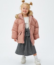 Resim Kız Bebek Şişme Mont Kapşonlu Suni Kürk Detaylı Fermuarlı Cepli 
