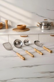 Resim Bambum Mundo 4 Parça Bambu Saplı Çelik Mutfak Gereç Seti Çeyiz Seti Kaşık Kevgir Kepçe 