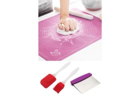 Resim Megaw Hamur Açma Matı + Çelik Hamur Kesme Spatulası + Silikon Yumurta Fırçası ve Spatula 2'li Set 