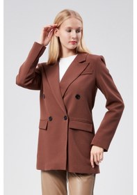 Resim Kahverengi Regular Astarlı Kruvaze Kapama Dokuma Oversize Blazer Ceket 001 