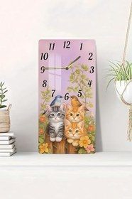 Resim Sevimli Kedi Ve Kuş Temalı Temperli Cam Tablo Saat - 30X60 Cm | Hd Uv Baskı- Cusd153,Cusd153 30 X 60 