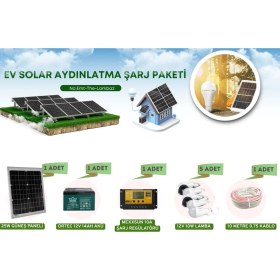 Resim 25 Watt Monokristal Panelli Güneş Enerji Paketi 5 Lamba Solar Aydınlatma Telefon Şarj 
