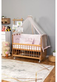 Resim Ahşap Beşik Anne Yanı Beşik Doğal Vernikli 60x120 Pembe Prenses Uyku Seti Yatak Tekerlekli Ahşap 