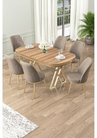 Resim Canisa Lai Serisi 90x168 Lak Panel Hazar Gold Ayak Masa Takımı 6 Cappucino Sandalye Hazar Masa Cappucino Sandalye Ayaklar Gold 