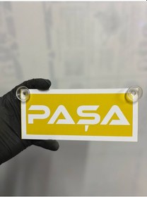 Resim Sarı Renk Üzeri Beyaz Renk Paşa Yazılı Vantuzlu Cam Süsü 