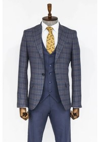 Resim Ekose Ceketli Slim Fit Mavi Erkek Takım Elbise - Wessi Mavi 