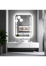 Resim Drayno Beyaz Led'li Lazer Kumlamalı Lavabo & Banyo Aynası Dokunmatik Sensörlü 65 X 90 Cm 