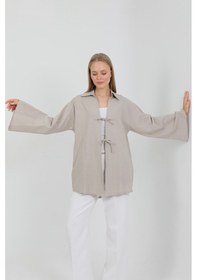 Resim %100 Pamuk Keten Cepli Bağcıklı Kadın Kimono 1165 Gömlek Yaka, Nefes Alan Kumaş Bej 