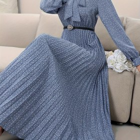 Resim Kadınlar için Şık Uzun Kollu Pilili Elbise, Fiyonklu Yaka - Lacivert & Beyaz Puantiyeli Desenli, Vücuda Oturan Siluet, Makinede Yıkanabilir, İlkbahar/Sonbahar İçin Kemere Gerek Yok, Uzun Kollu Elbiseler, Sonbahar Modası, Pürüzsüz Dokulu Kumaş 
