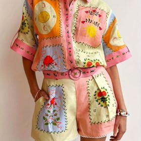 Resim Kadınlar için Rahat Çiçek Desenli Gömlek ve Şort Takımı - Rahat Kesim, Polyester, Bahar/Sonbahar Modası, Rahat Giyim|Çiçek Deseni|Polyester Kumaş 