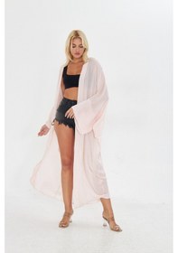 Resim Kutaf Pudra Pembe Uzun Soft Kimono Açık Kahverengi 