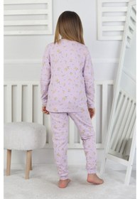 Resim Kız Çocuk Lila Çiçek Desenli %100 Pamuk Fitilli Interlok Pijama Takımı 3-8 Yaş Koyu Lila 