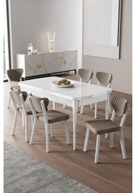 Resim Canisa Exve Serisi 80x132 Açılabilir Beyaz Masa Takımı Ve 6 Cappucino Sandalye Masa Beyaz Sandalyeler Cappucıno 