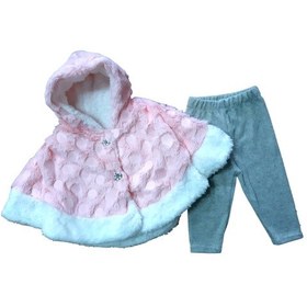 Resim Kız Bebek Peluş Pelerinli Kadife Taytlı Takım Açık Pembe 